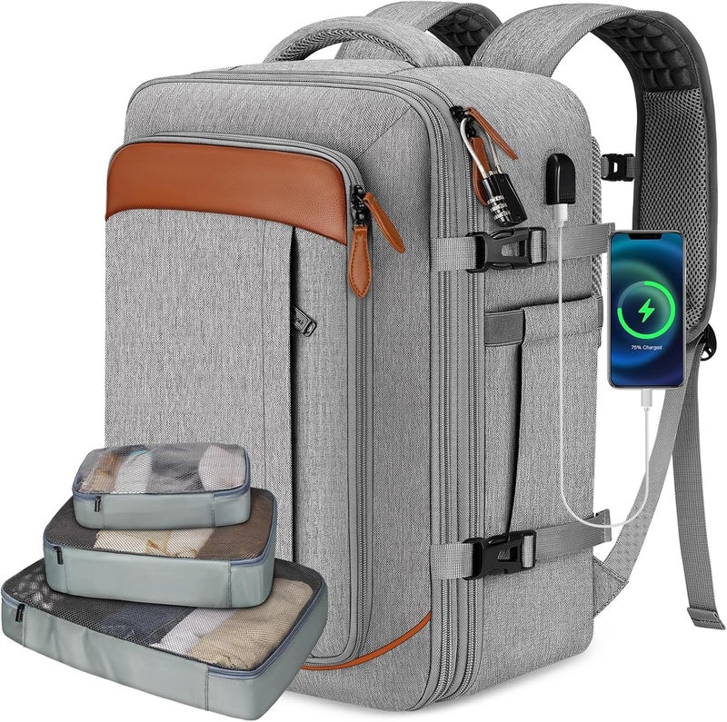 Vancropak Carry on Backpack, Flight Approved 18x14x8 Travel Backpack with 3 Packing Cubes, Expandable Large 40L Travel Bag fits 17.3" Laptop, Anti Theft Luggage Suitcase Weekend for Women Men, Grey - Image 1